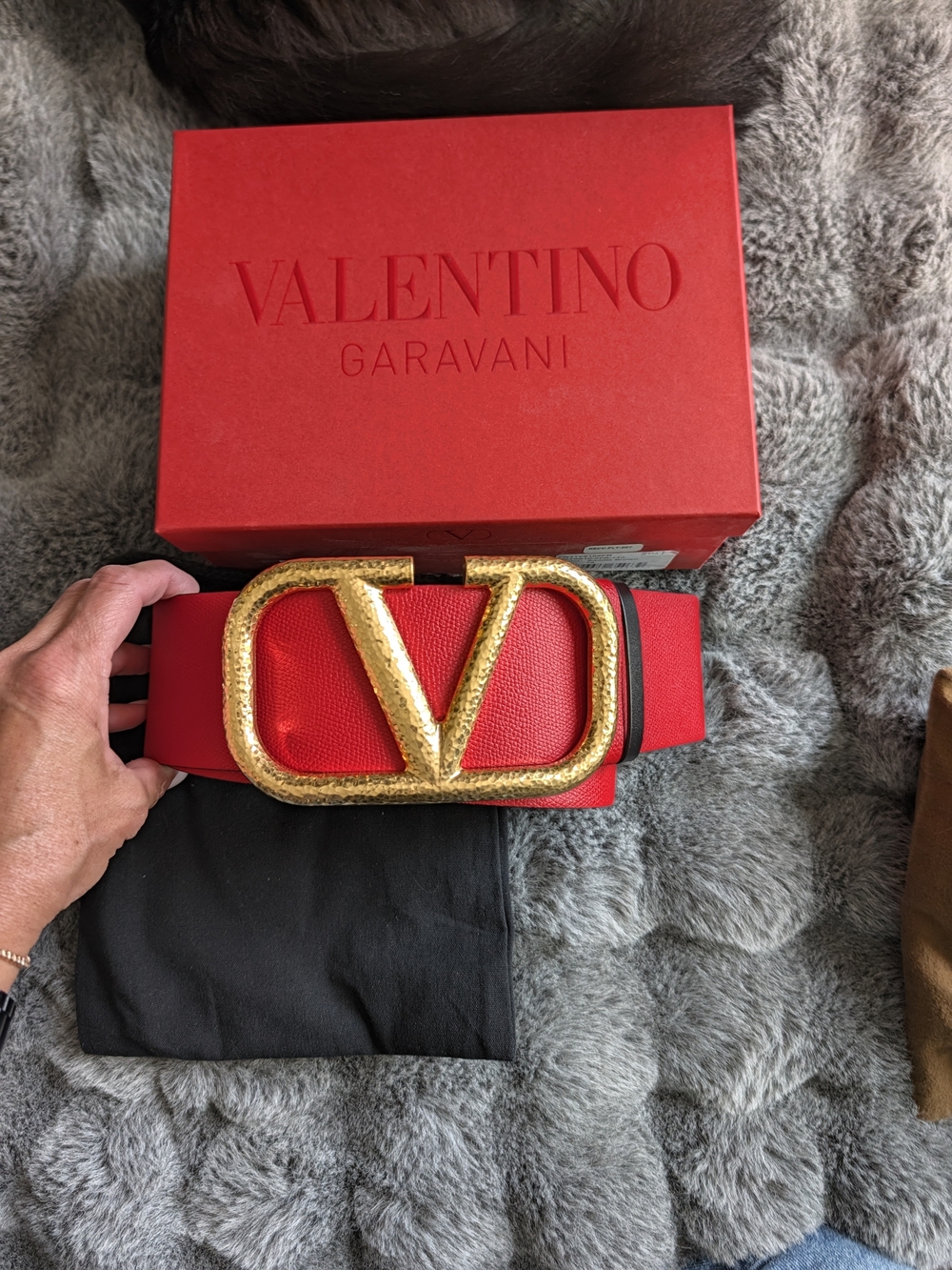 Valentino Garavani Red Leather Belt with Gold V Logo Buckle